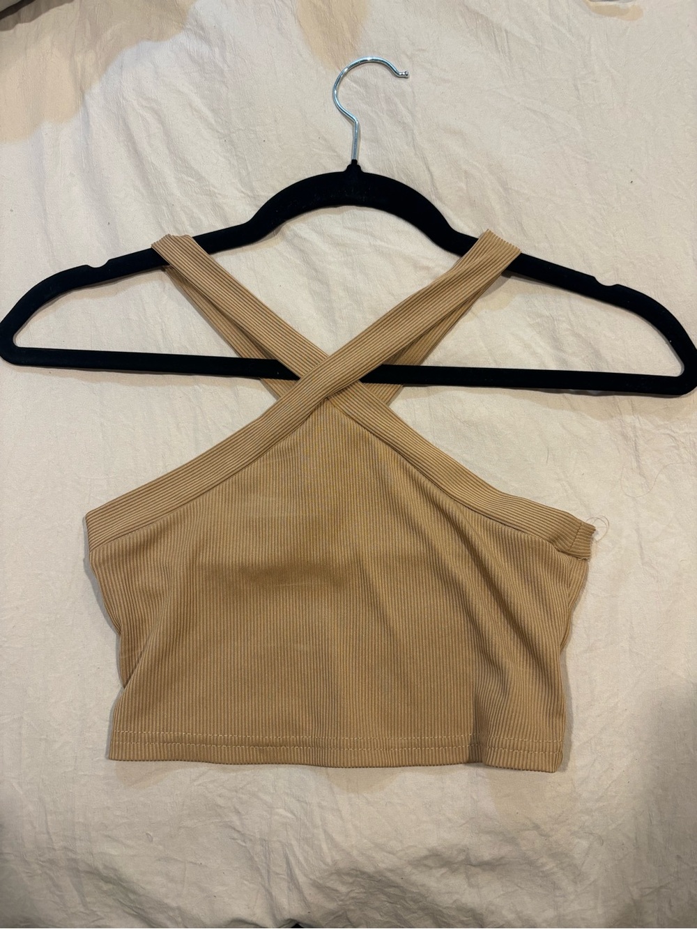 Cross-Back Ribbed Crop Tank Top - Tan